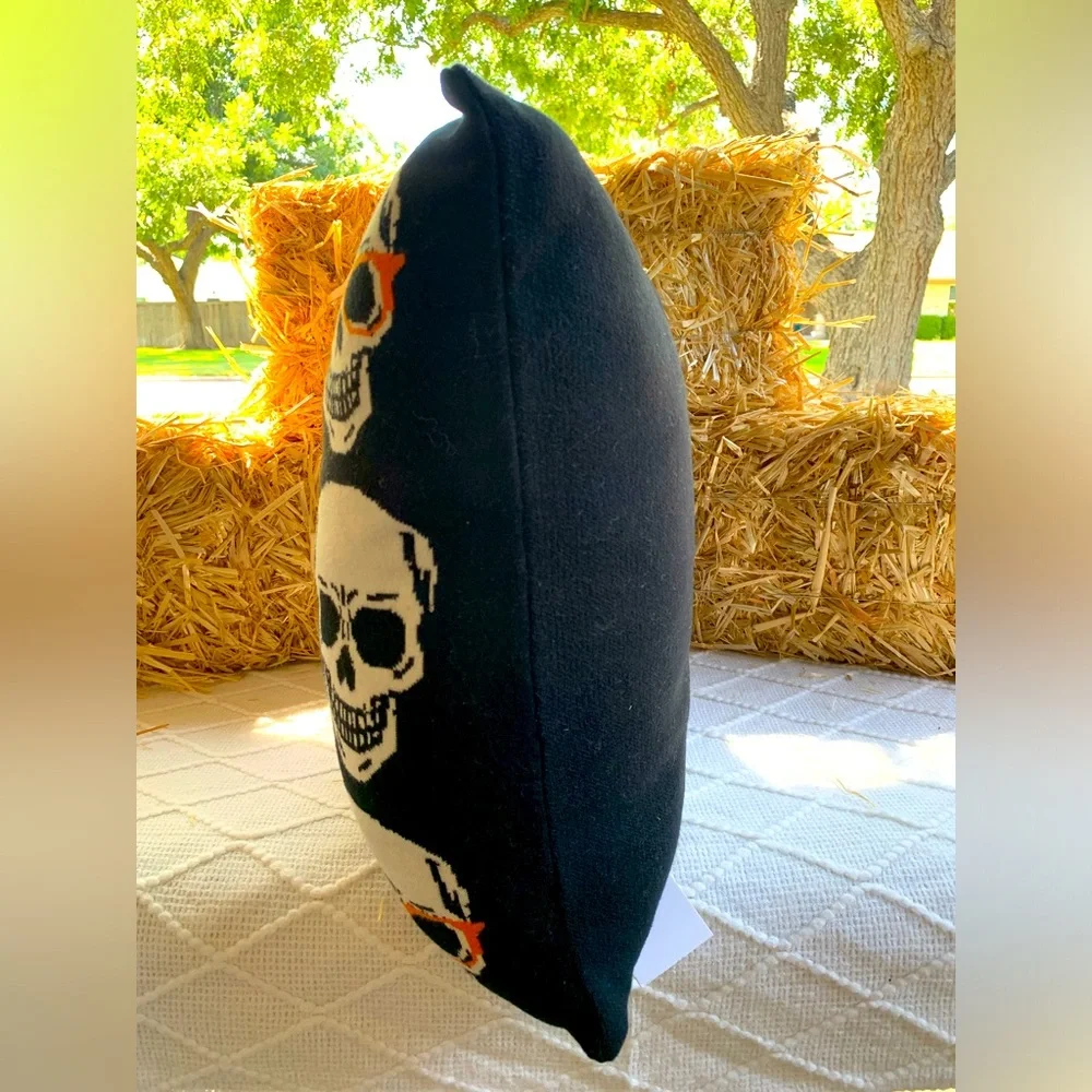 Halloween Decor Pillow Skull Skeleton with Glasses Huge Fluffy Black- NWT